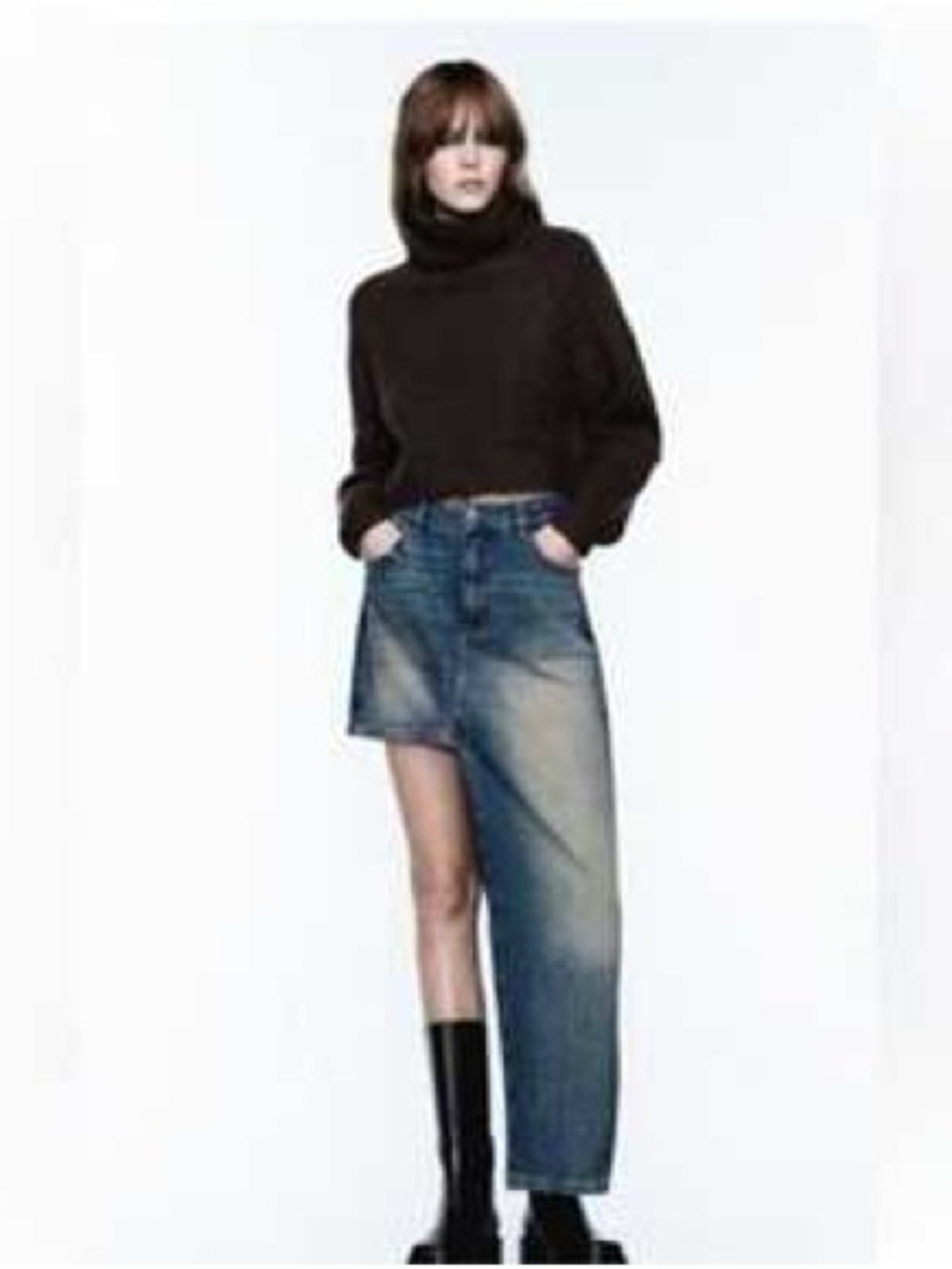 Zara Light Blue Washed Asymmetric Denim Skirt-Jean